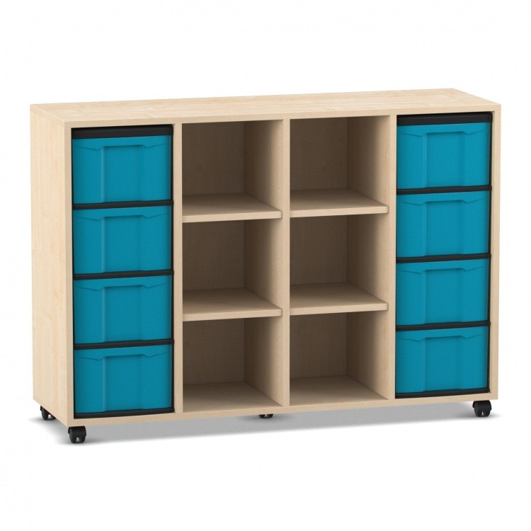 Flexeo Regal, 4 Reihen, 8 große Boxen, 6 Fächer mittig Ahorn honig mit Boxen blau (Zoom)