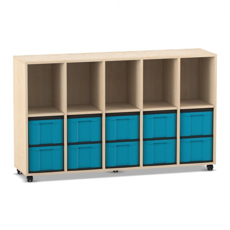 Flexeo Regal, 5 Reihen, 10 große Boxen, 5 Fächer oben Ahorn honig mit Boxen blau (Zoom)
