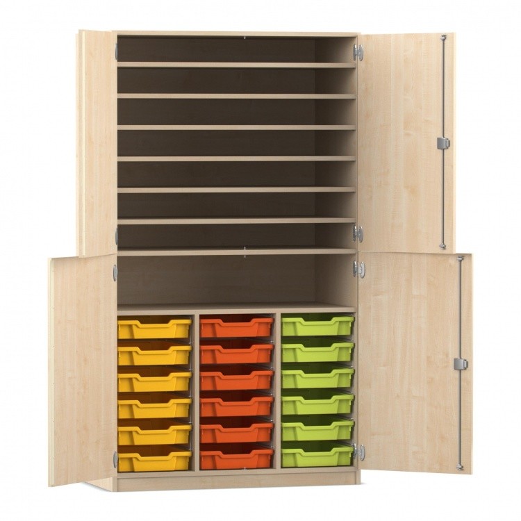 Flexeo Bastelschrank PRO, 3 Reihen, 18 Boxen Gr. S, 8 Fächer Ahorn honig mit Boxen bunt (Zoom)