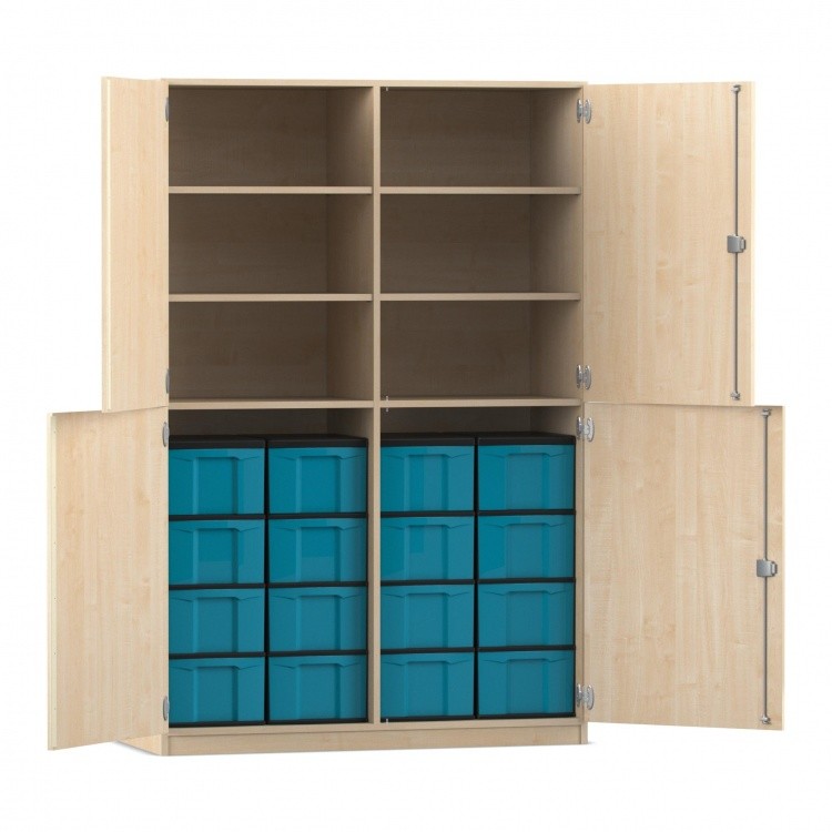 Flexeo Schrank, 16 große Boxen, 6 Fächer, Mittelwand, 4 Halbtüren Ahorn honig mit Boxen blau (Zoom)