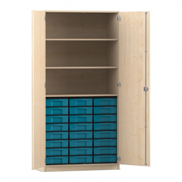 Flexeo Hochschrank mit 3 großen Fächern, 24 kleinen Boxen und Türen Ahorn honig mit Boxen blau (Zoom)
