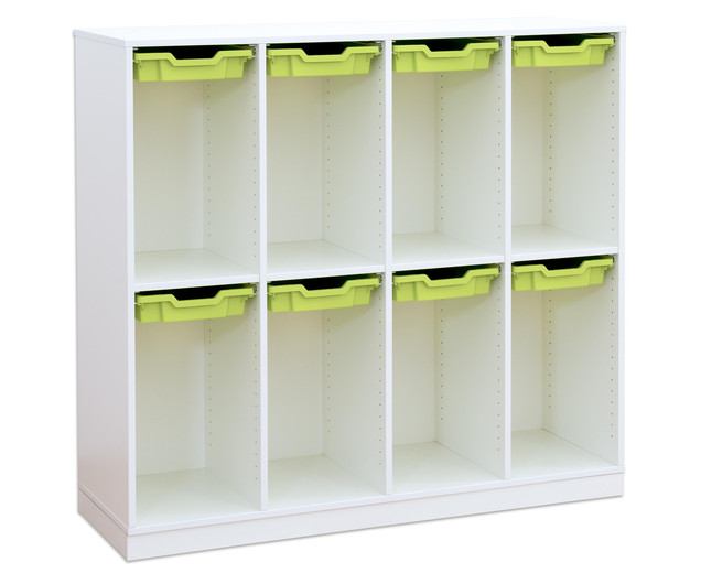 Flexeo Schulranzenregal PRO, 4 Reihen, 8 Boxen Gr. S, für 8 Schulranzen weiß mit Boxen hellgrün (Zoom)
