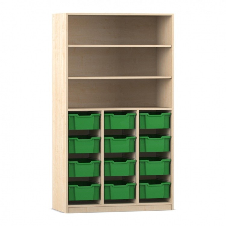 Flexeo Regal PRO, 3 Reihen, 12 Boxen Gr. M, 3 Fächer Ahorn honig mit Boxen dunkelgrün (Zoom)