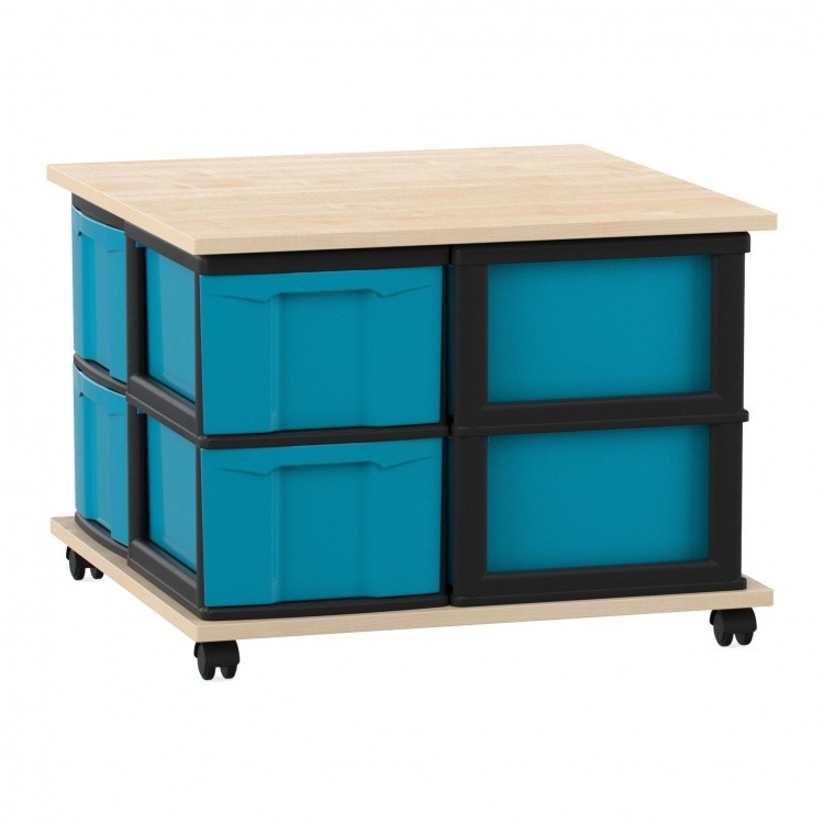 Flexeo Fahrbares Containersystem mit Ablage, 8 große Boxen Ahorn honig, blau  (Zoom)