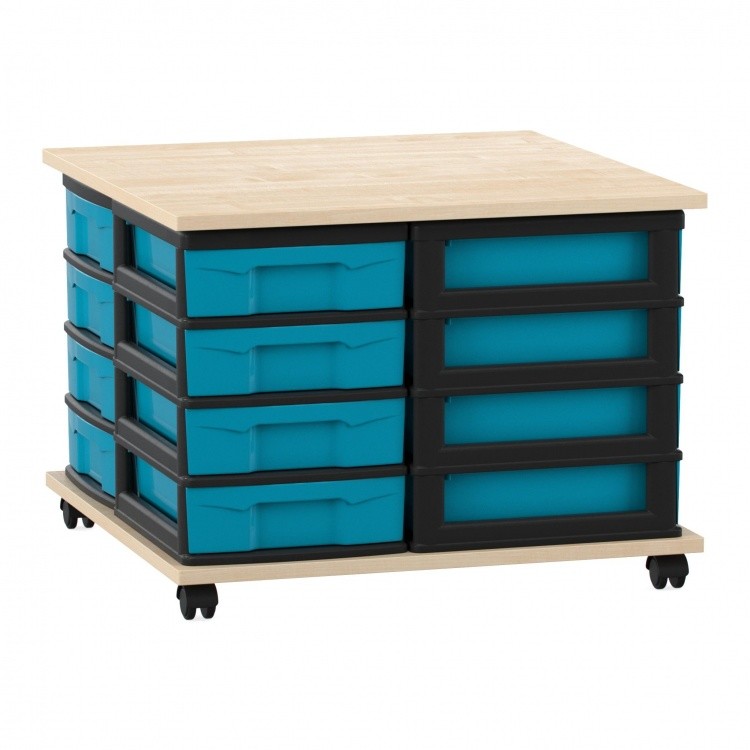 Flexeo Fahrbares Containersystem mit Ablage, 16 kleine Boxen Ahorn honig, blau  (Zoom)