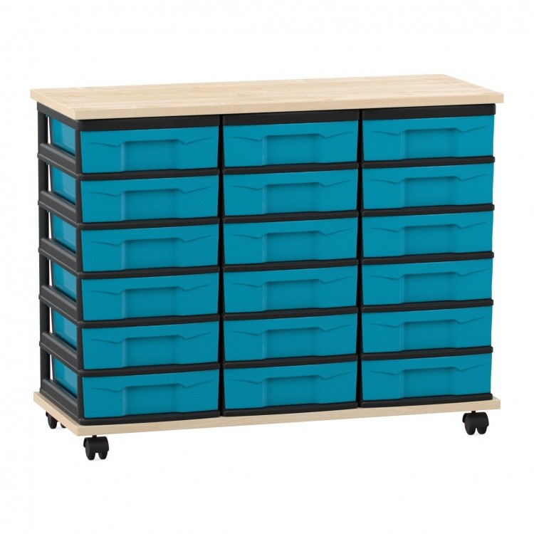 Flexeo Fahrbares Containersystem mit Ablage, 18 kleine Boxen Ahorn honig, blau  (Zoom)