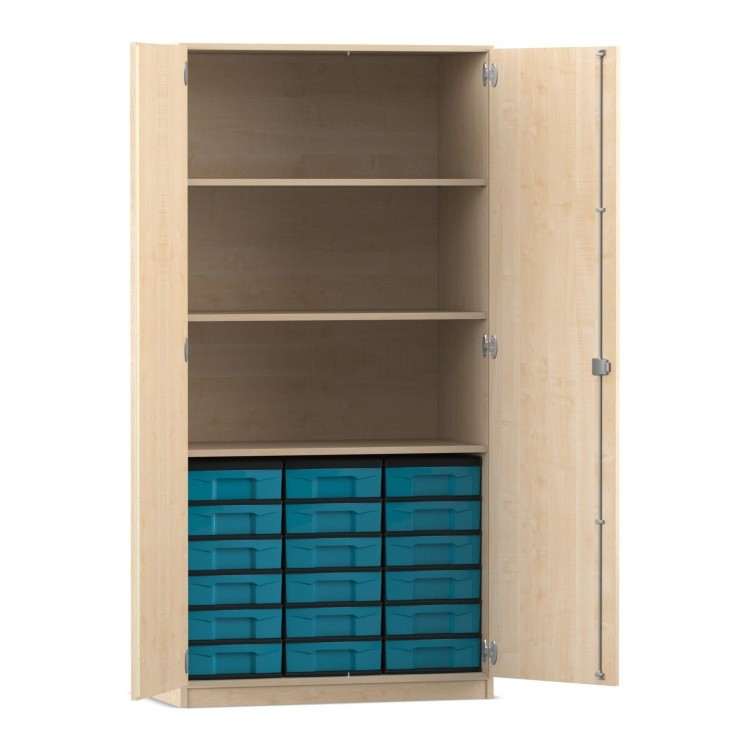 Flexeo Schrank, 18 kleine Boxen, 3 Fächer, 2 Türen Ahorn honig, blau  (Zoom)