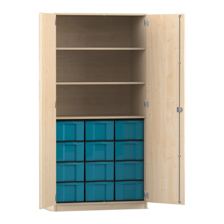 Flexeo Schrank, 12 große Boxen, 3 Fächer, 2 Türen Ahorn honig, blau  (Zoom)
