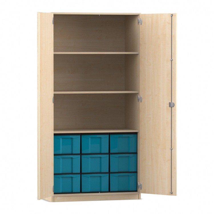 Flexeo Schrank, 9 große Boxen, 3 Fächer, 2 Türen Ahorn honig, blau  (Zoom)