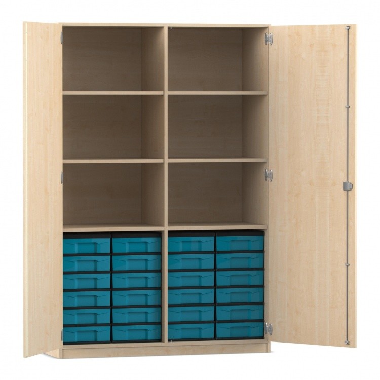 Flexeo Schrank, 24 kleine Boxen, 6 Fächer, Mittelwand, 2 Türen Ahorn honig, blau  (Zoom)