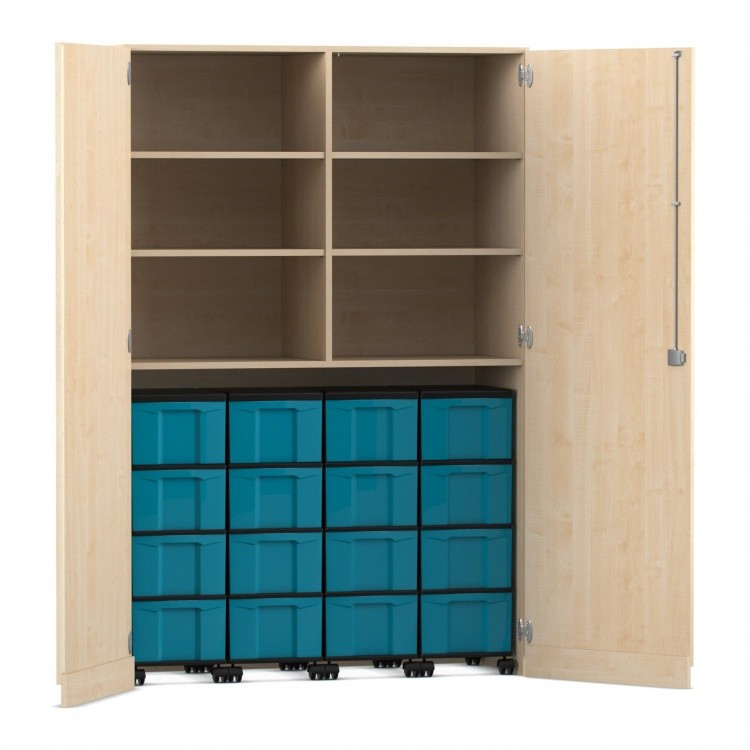 Flexeo Garagenschrank, 6 Fächer, 4 Rollcontainer, 16 große Boxen Ahorn honig, blau  (Zoom)