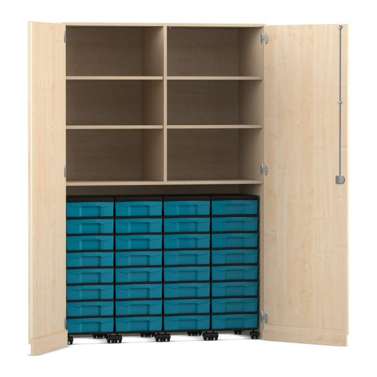 Flexeo Garagenschrank, 6 Fächer, 4 Rollcontainer, 32 kleine Boxen Ahorn honig, blau  (Zoom)