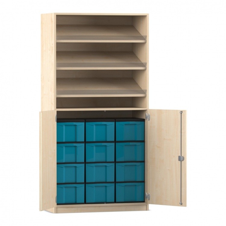 Flexeo Schrank, 3 Schrägablagen, 12 große Boxen, 2 Halbtüren Ahorn honig, blau  (Zoom)
