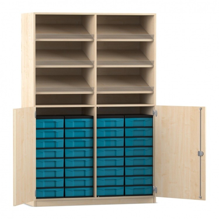 Flexeo Schrank, 6 Schrägablagen, 32 kleine Boxen, 2 Halbtüren Ahorn honig, blau  (Zoom)