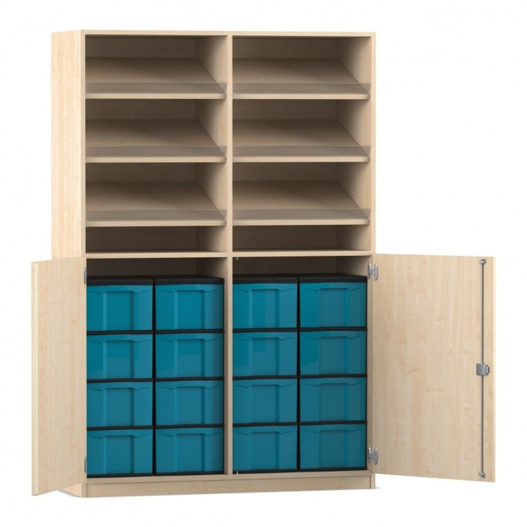 Flexeo Schrank, 6 Schrägablagen, 16 große Boxen, 2 Halbtüren Ahorn honig, blau  (Zoom)