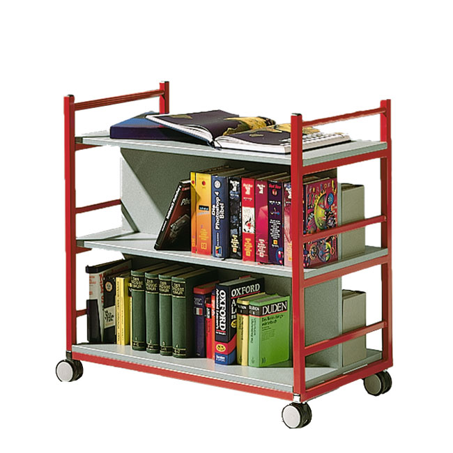 Conen Bücherwagen mit 3 Ebenen Bücherwagen mit 3 Ebenen, Holzdekor Grau, Stahl-Farbe Feuerrot (Zoom)