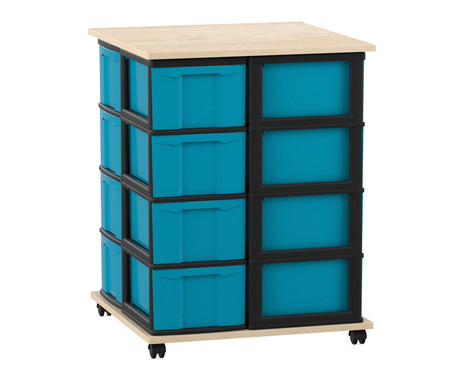 Flexeo Fahrbares Containersystem mit Ablage,16 große Boxen Ahorn honig, blau  (Zoom)