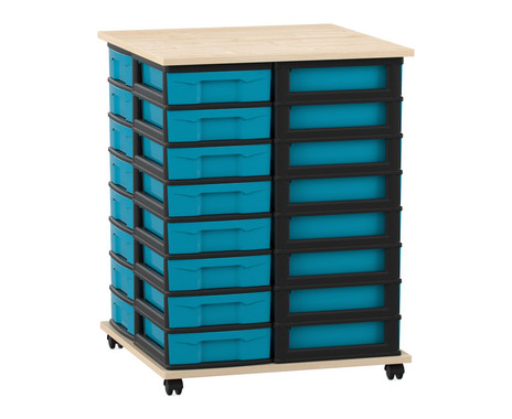 Flexeo Fahrbares Containersystem mit Ablage, 32 kleine Boxen Ahorn honig, blau (Zoom)