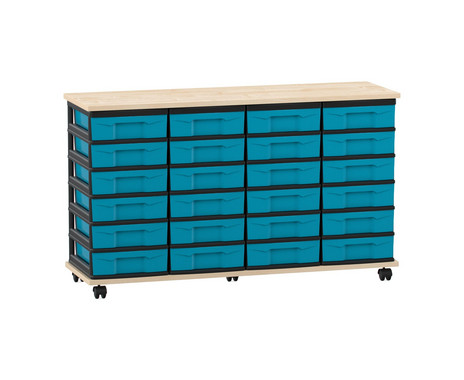 Flexeo Fahrbares Containersystem mit Ablage, 24 kleine Boxen Ahorn honig, blau (Zoom)