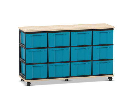 Flexeo Fahrbares Containersystem mit Ablage, 12 große Boxen Ahorn honig, blau (Zoom)