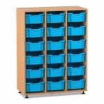 Flexeo Regal PRO, 3 Reihen, 18 Boxen Gr. M Buche dunkel mit Boxen hellblau (Zoom)