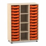 Flexeo Regal PRO, 3 Reihen, 24 Boxen Gr. S, 4 Fächer mittig Ahorn honig mit Boxen orange (Zoom)