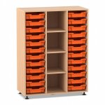 Flexeo Regal PRO, 3 Reihen, 24 Boxen Gr. S, 4 Fächer mittig Buche hell mit Boxen orange (Zoom)