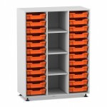 Flexeo Regal PRO, 3 Reihen, 24 Boxen Gr. S, 4 Fächer mittig grau mit Boxen orange (Zoom)