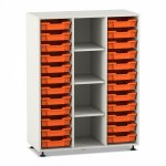 Flexeo Regal PRO, 3 Reihen, 24 Boxen Gr. S, 4 Fächer mittig weiß mit Boxen orange (Zoom)