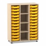 Flexeo Regal PRO, 3 Reihen, 24 Boxen Gr. S, 4 Fächer mittig Ahorn honig mit Boxen gelb (Zoom)