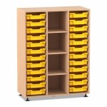 Flexeo Regal PRO, 3 Reihen, 24 Boxen Gr. S, 4 Fächer mittig Buche hell mit Boxen gelb (Zoom)