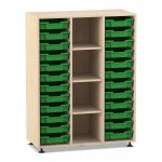 Flexeo Regal PRO, 3 Reihen, 24 Boxen Gr. S, 4 Fächer mittig Ahorn honig mit Boxen dunkelgrün (Zoom)