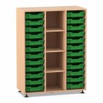 Flexeo Regal PRO, 3 Reihen, 24 Boxen Gr. S, 4 Fächer mittig Buche hell mit Boxen dunkelgrün (Zoom)