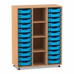 Flexeo Regal PRO, 3 Reihen, 24 Boxen Gr. S, 4 Fächer mittig Buche dunkel mit Boxen hellblau (Zoom)