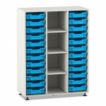 Flexeo Regal PRO, 3 Reihen, 24 Boxen Gr. S, 4 Fächer mittig weiß mit Boxen hellblau (Zoom)
