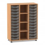 Flexeo Regal PRO, 3 Reihen, 24 Boxen Gr. S, 4 Fächer mittig Buche dunkel mit Boxen transparent (Zoom)