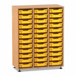 Flexeo Regal PRO, 3 Reihen, 36 Boxen Gr. S Buche dunkel mit Boxen gelb (Zoom)