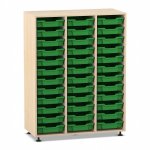 Flexeo Regal PRO, 3 Reihen, 36 Boxen Gr. S Ahorn honig mit Boxen dunkelgrün (Zoom)