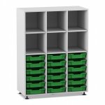 Flexeo Regal PRO, 3 Reihen, 18 Boxen Gr. S, 6 Fächer oben grau mit Boxen dunkelgrün (Zoom)