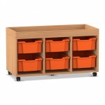 Flexeo Regal PRO, 3 Reihen, 6 Boxen Gr. M, Aufkantung Buche dunkel mit Boxen orange (Zoom)