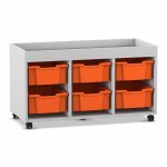 Flexeo Regal PRO, 3 Reihen, 6 Boxen Gr. M, Aufkantung grau mit Boxen orange (Zoom)
