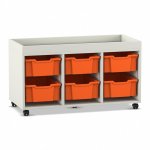 Flexeo Regal PRO, 3 Reihen, 6 Boxen Gr. M, Aufkantung weiß mit Boxen orange (Zoom)