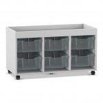 Flexeo Regal PRO, 3 Reihen, 6 Boxen Gr. M, Aufkantung grau mit Boxen transparent (Zoom)