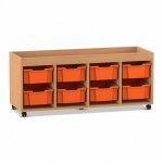 Flexeo Regal PRO, 4 Reihen, 8 Boxen Gr. M, Aufkantung Buche dunkel mit Boxen orange (Zoom)