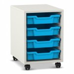 Flexeo Regal PRO, 1 Reihe, 4 Boxen Gr. S weiß mit Boxen hellblau (Zoom)