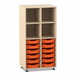 Flexeo Regal PRO, 2 Reihen, 12 Boxen Gr. S, 4 Fächer oben Ahorn honig mit Boxen orange (Zoom)