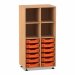 Flexeo Regal PRO, 2 Reihen, 12 Boxen Gr. S, 4 Fächer oben Buche dunkel mit Boxen orange (Zoom)