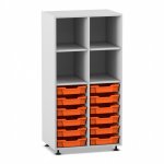 Flexeo Regal PRO, 2 Reihen, 12 Boxen Gr. S, 4 Fächer oben grau mit Boxen orange (Zoom)