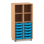 Flexeo Regal PRO, 2 Reihen, 12 Boxen Gr. S, 4 Fächer oben Buche dunkel mit Boxen hellblau (Zoom)