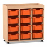 Flexeo Regal PRO mit 3 Reihen, 12 Boxen Gr. M und Aufkantung Buche hell mit Boxen orange (Zoom)